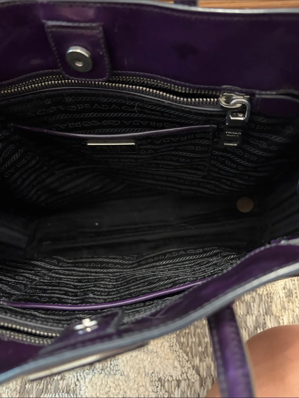 Prada Purple Leather Tote with Orange and Yellow Floral Appliqués